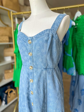 Floral Denim Jacquard Sweetheart Midi Dress