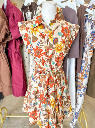Tan Autumn Tapestry Tie Waist Mini Dress
