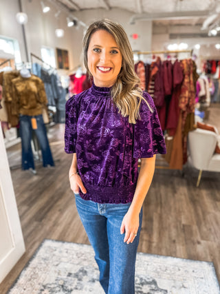 Purple Fall Floral Pleated & Smocked Velvet Top