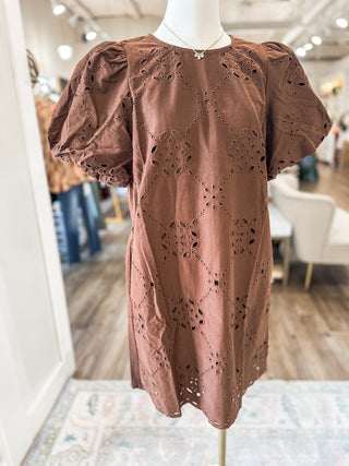 Brown Sweet Magnolia Eyelet Mini Dress