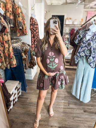Brown Amber Bloom Garden Mini Dress