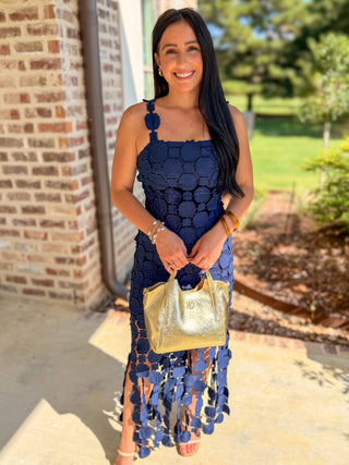 Navy Hyacinth Lace Fringe Midi Dress