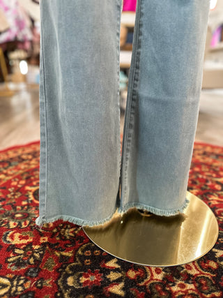 Teal Acid Washed High Waist Frayed Hem Bootcut Pants
