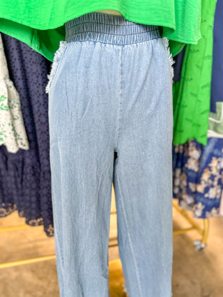 Light Denim Frayed & Free Wide Leg Pants