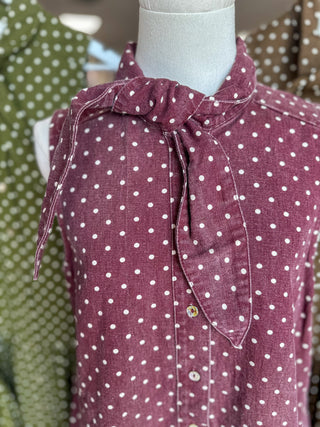 Burgundy Polished Polka Dots Tie Neck Mini Dress