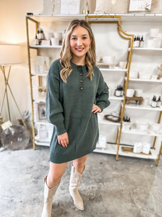 Hunter Green Half Button Long Sleeve Mini Sweater Dress