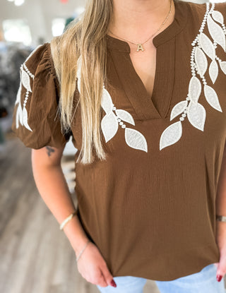 Brown Vine Embroidered Top