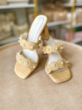 The Helena Natural Raffia Block Heel with Pearls