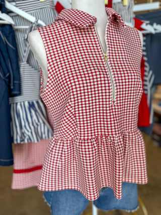 Red Weekend Favorite Gingham Half Zip Peplum Top