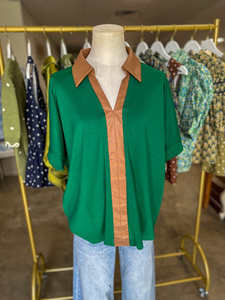 Green Windsor Contrast Collared Top