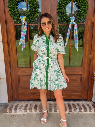 Green Eyelet Dream Belted Mini Dress