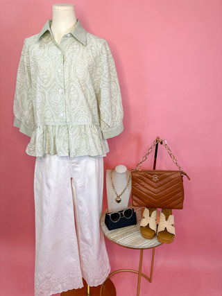 Sage Green Talk Pretty To Me Button Down Top