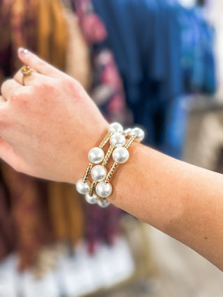 Water Resistant Set of 3 Gold Tube 14MM Pearl Beaded Bracelet Set