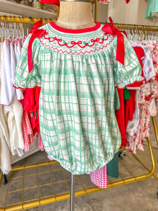 Christmas Baby Girl Smocked Embroidered Green Plaid Bubble