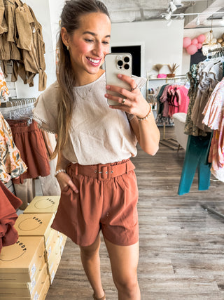 Light Khaki Double The Pom Pom Crinkle Top