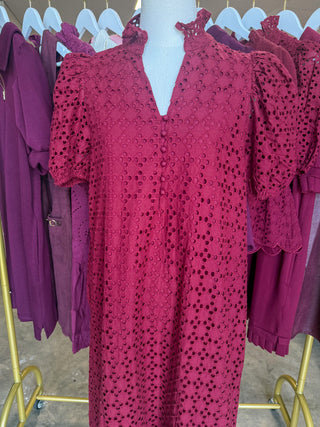 Burgundy Sweet Eyelet Moments Midi Dress