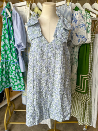 Blue & Green Blooming Grace Bow Sleeve Mini Dress