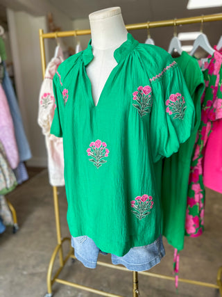 Kelly Green Cottage Bloom Embroidered Bubble Sleeve Blouse