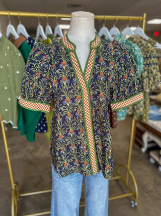 Navy Harvest Bloom W/ Gingham Trim Top