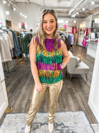 Mardi Gras Spangled Fringe Sleeveless Top