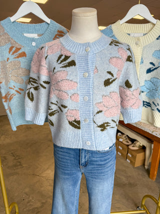 Powder Blue Pink Petal & Knit Short Sleeve Cardigan