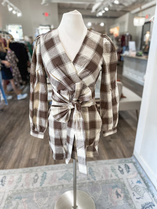 Brown Fireside Plaid Tie Mini Dress