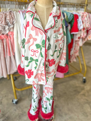 Holiday Bow Print Christmas Pajama Set - Girls Cozy Red Trim Sleepwear