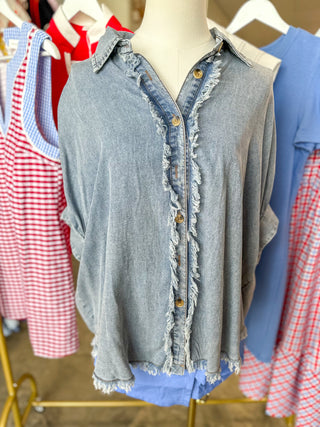 Summertime Love Frayed Trim Denim Button Top