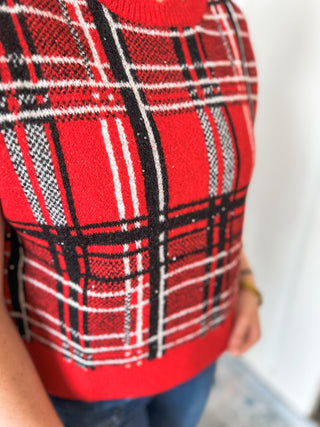 Red Holiday Sparkle Plaid Knit Top