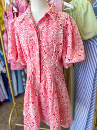 Coral Pink Cutout Floral Eyelet Puff Sleeve Mini Dress