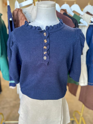 Navy Feminine Edge Puff Sleeve Sweater