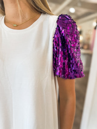 LSU Sequin Shoulder White Shift Dress