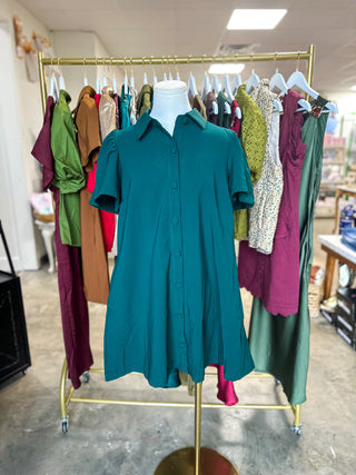 Hunter Green Charm Button Down Collared Mini Dress