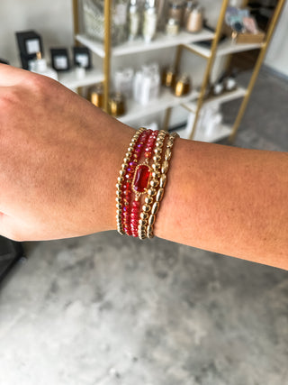 Set of 5 Red Crystal, Pearl, & Gold Stretch Bracelets