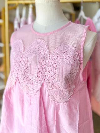 Baby Pink Contrast Mesh Detail Short Sleeve Top