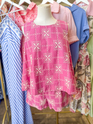 Pink Delicate Thread Embroidered Shorts Set