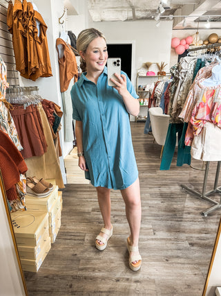 Teal Green Airflow Simple to Style Button Down Dress