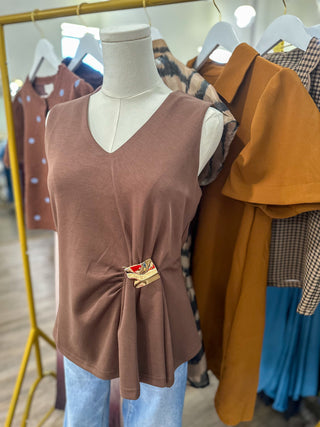 Brown Gathered & Gold V-Neck Top