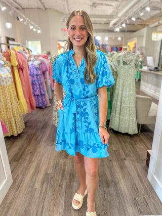 Chambray Summer In Santorini Floral Belted Mini Dress Large