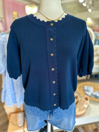 Navy Darling Scallop Button Up Short Sleeve Top