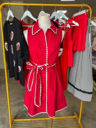 Red Petal Scallop Belted Mini Dress