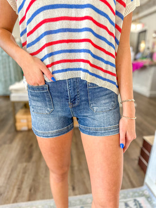 Addison Dark High Rise Patch Pocket Risen Denim Shorts