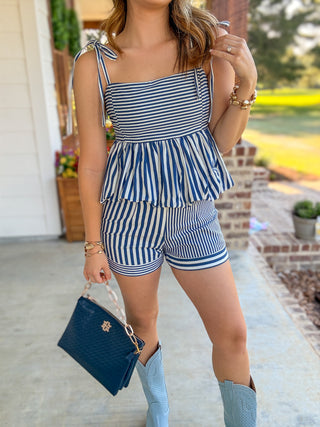 Navy Boardwalk Beauty Peplum Shorts Set