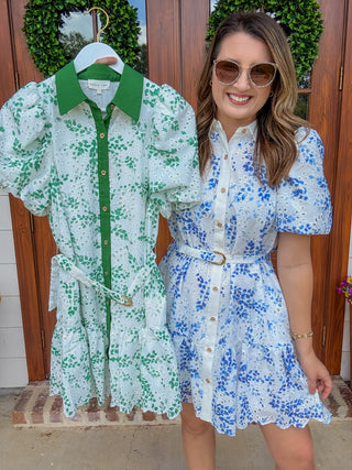 Blue Eyelet Dream Belted Mini Dress