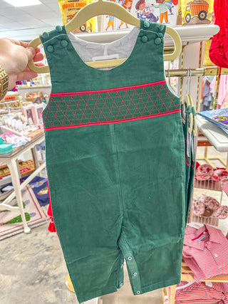 Green Christmas Smocked Overalls