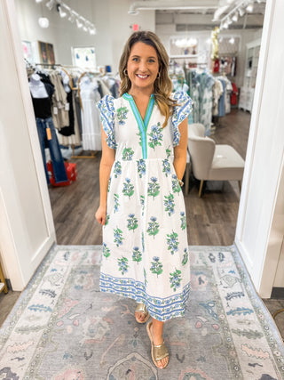 Off White / Blue Tuscan Bloom Midi Dress