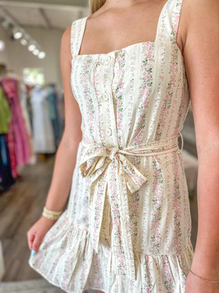 Pink Floral Striped Dropped Waist Button Down Dress