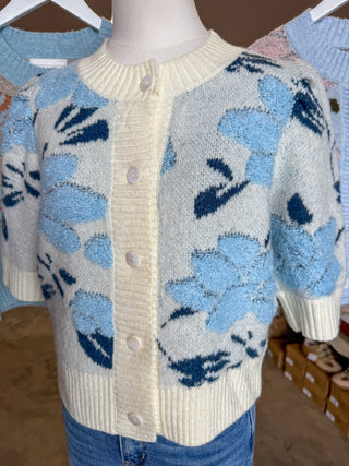 Ivory Blue Petal & Knit Short Sleeve Cardigan