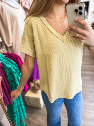 Dusty Yellow Raw Edge V-Neck Extended Short Sleeve Top