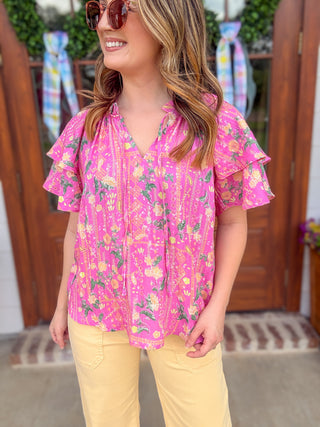 Pink Citrus Spritz Short Ruffled Sleeve Top